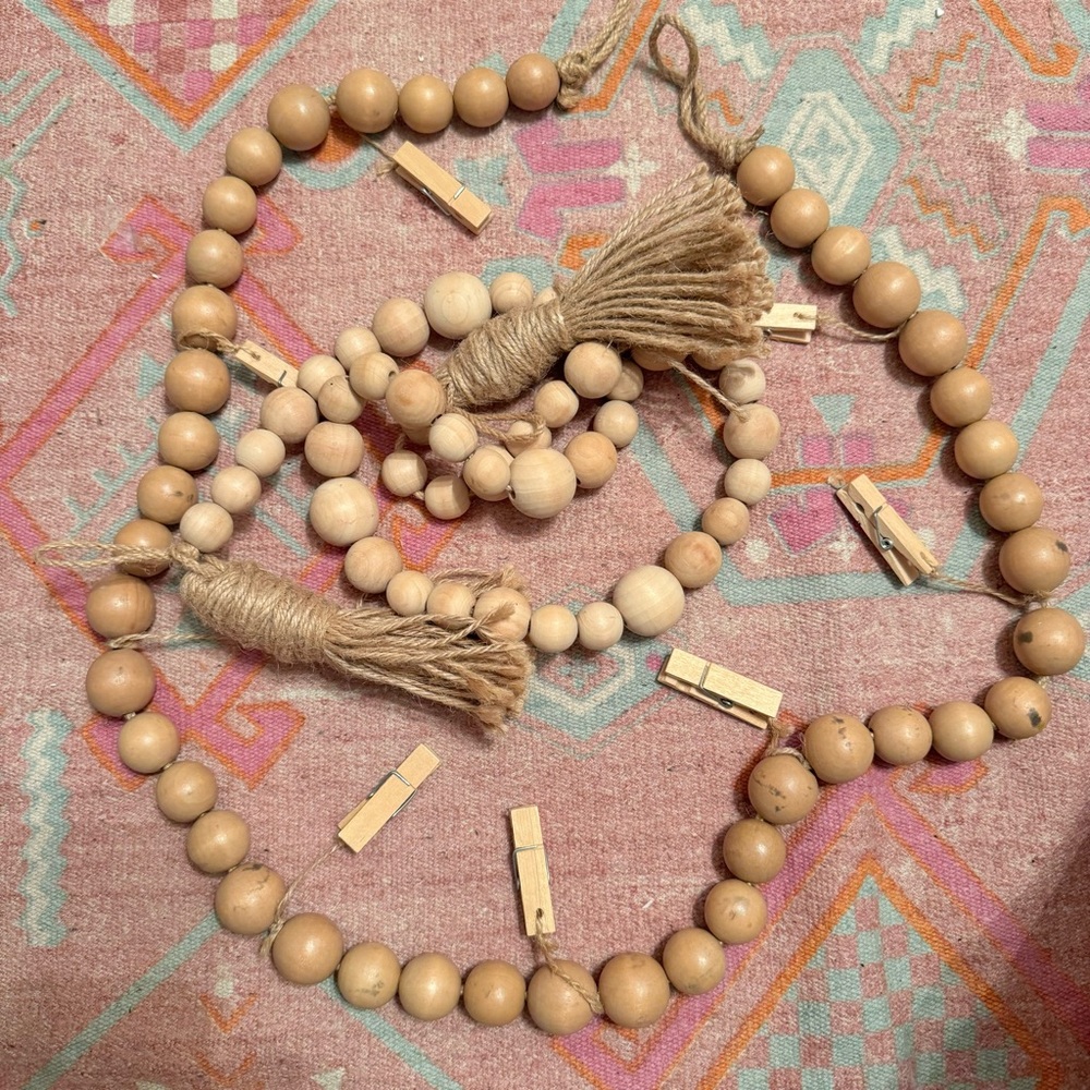 2/ natural wood bead garland with jute tassels 
One 50” & one 48”
